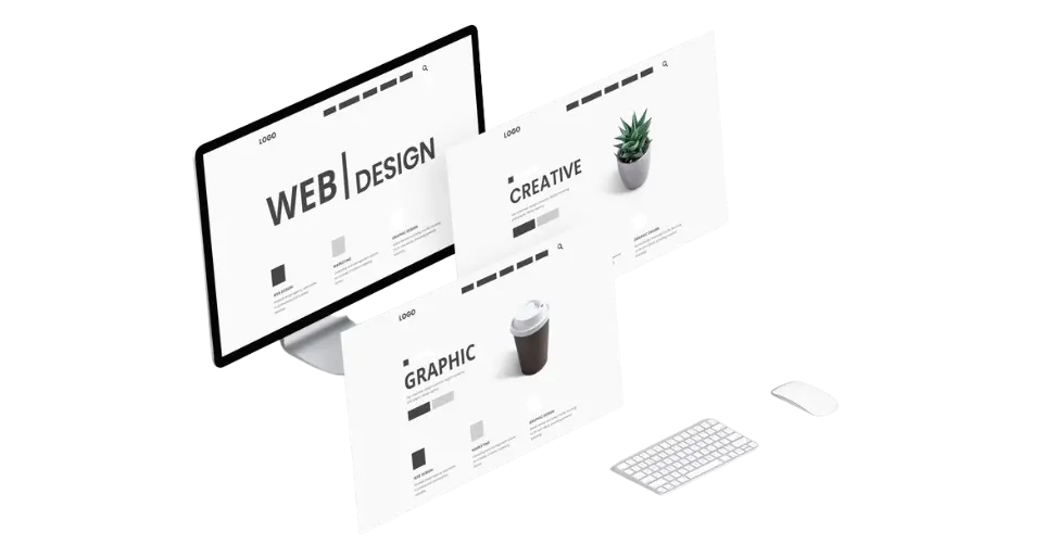 Web site flying layouts concept. Web design creative graphic studio desk